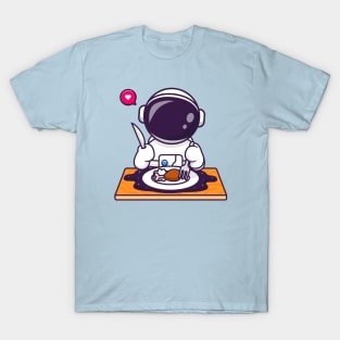 Cute Astronaut Eating Fried Chicken On Space Cartoon T-Shirt